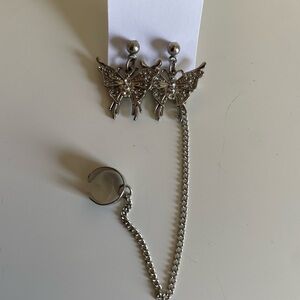 Silver Butterfly Chain Earrings with Cuffs